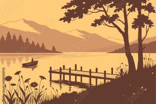 116 Sunset landscape, serene lake, wooden pier, silhouette mountains, golden sky, reflective water, small boat, wildflowers, calm atmosphere, vector art style, warm orange tones, peaceful scenery, min