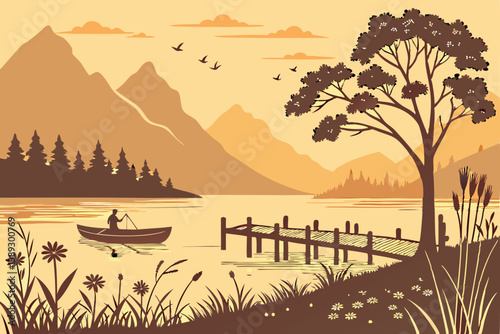 116 Sunset landscape, serene lake, wooden pier, silhouette mountains, golden sky, reflective water, small boat, wildflowers, calm atmosphere, vector art style, warm orange tones, peaceful scenery, min