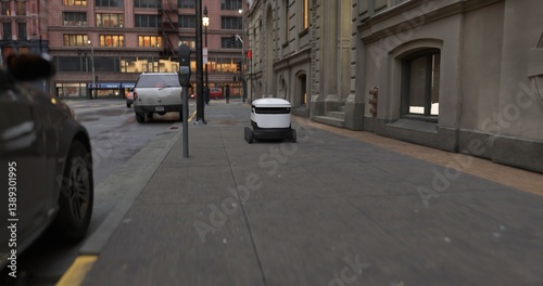 Autonomous delivery robot moves swiftly through a busy city sidewalk, navigating urban infrastructure with smart technology in a modern logistics environment