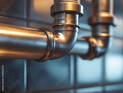 Artistic close-up of shiny metal plumbing pipes with a focus on their smooth curves and modern industrial design features : Generative AI photo