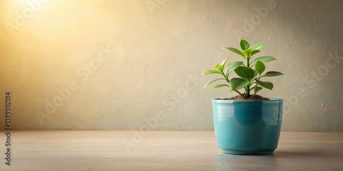 A vibrant, young plant thrives in a teal pot, bathed in soft sunlight against a neutral backdrop. The scene evokes feelings of growth, hope, and tranquility.