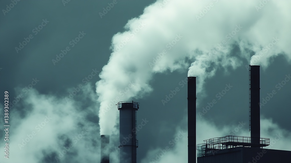 Multiple factory chimneys emitting white smoke against a twilight sky depicting industrial activity : Generative AI Multiple factory chimneys emitting white smoke against a twilight sky depicting industrial activity : Generative AI
