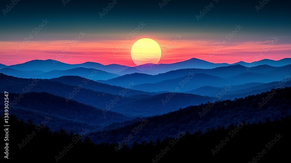 Fototapeta premium Mountainous landscape at sunset; silhouetted ridges against a vibrant sky