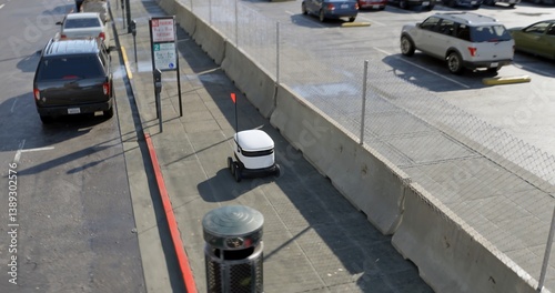 Autonomous delivery robot moves swiftly through a busy city sidewalk, navigating urban infrastructure with smart technology in a modern logistics environment