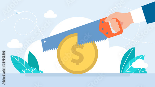 Cut the budget with a saw. Businessman sawing a coin to divide equally. Financial debt in business and economy. Finance risk problem and economic money problem. Bankruptcy unpaid. Vector illustration