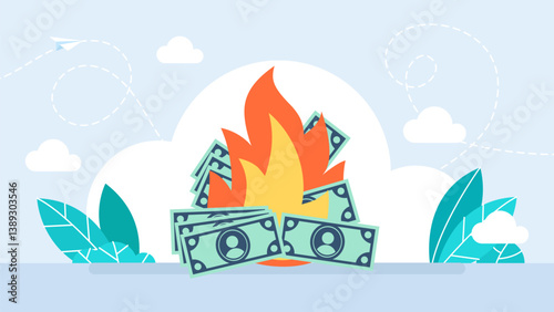 Burning dollars money. Inflation, bankruptcy, loss of money, taxes, stock market. Burning banknotes. Wasting money. Financial crisis and inflation concept. Vector illustration