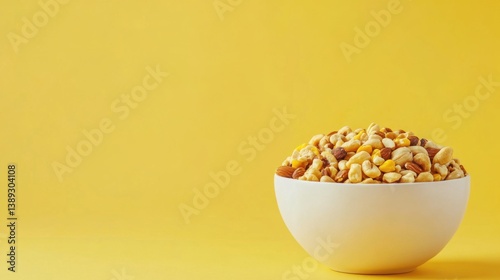 Close-up of a vibrant bowl of mixed nuts and seeds on a yellow backdrop, offering an inviting scene for wellness, healthy eating, and lifestyle projects.