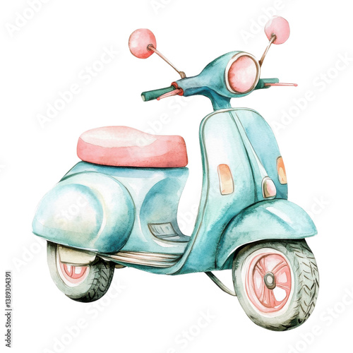 A watercolor blue scooter on transparent background