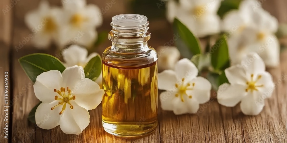Fragrant Jasmine Essential Oil in a Glass Bottle. Closeup Jasmine oil and Jasmine Flowers. Fragrant Jasmine Essential Oil in a Glass Bottle. Closeup Jasmine oil and Jasmine Flowers.