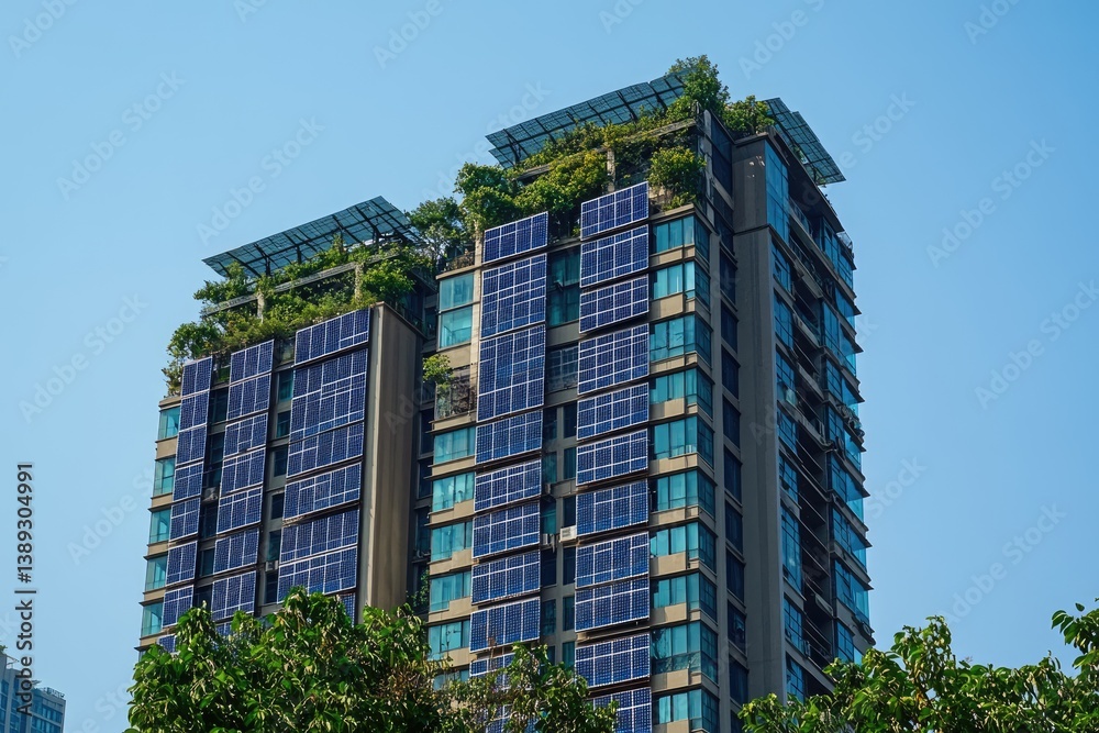 Fototapeta premium A high rise building with rooftop solar panels, highlighting sustainable urban living