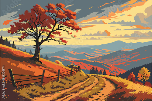 119 Sunset landscape, silhouetted mountains, lake reflection, vibrant orange sky, dark blue foreground, coniferous trees, deciduous trees, flock of birds, glowing sun, wispy clouds, rocky terrain, dis
