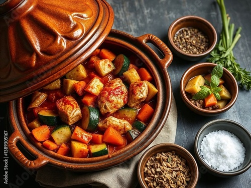 Moroccan tagine with chicken and vegetables in tomato sauce