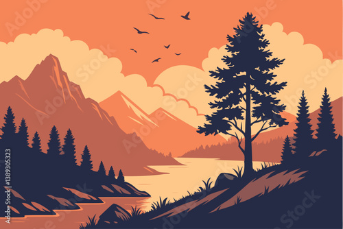 119 Sunset landscape, silhouetted mountains, lake reflection, vibrant orange sky, dark blue foreground, coniferous trees, deciduous trees, flock of birds, glowing sun, wispy clouds, rocky terrain, dis