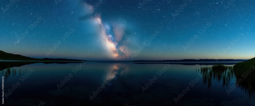 Serene Night Sky over Calm Lake with Milky Way Galaxy Reflection Serene Night Sky over Calm Lake with Milky Way Galaxy Reflection