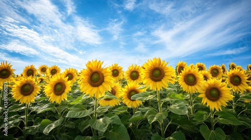 Sunflowers field under a vast blue sky