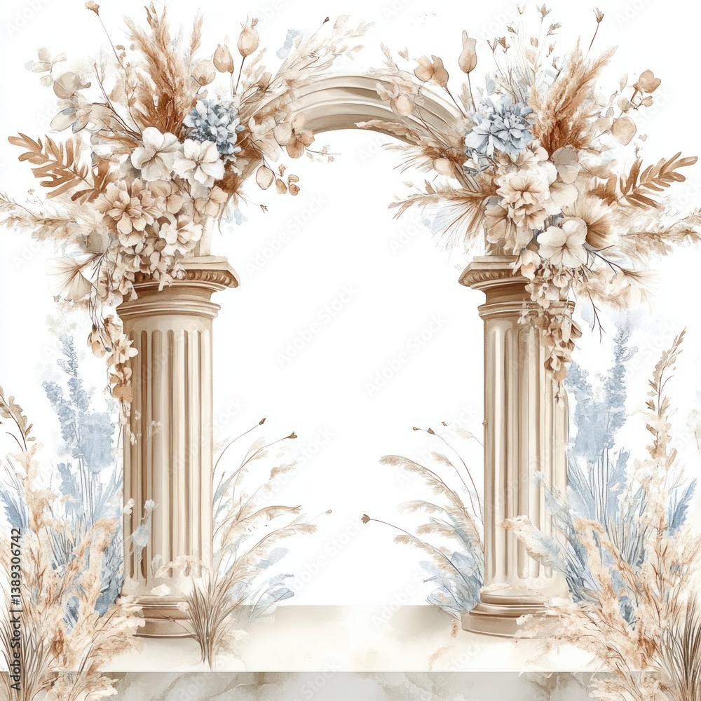 Naklejka premium Elegant classical archway design with floral arrangements in watercolor
