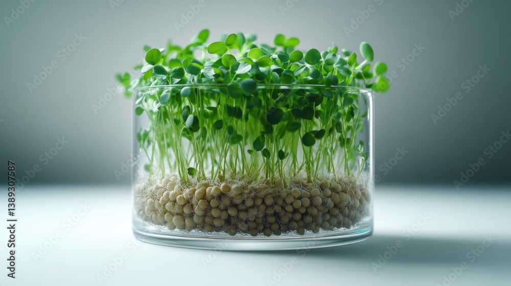 Fresh sprouts in clear glass cylinder, studio shot, with seeds, against backdrop Fresh sprouts in clear glass cylinder, studio shot, with seeds, against backdrop