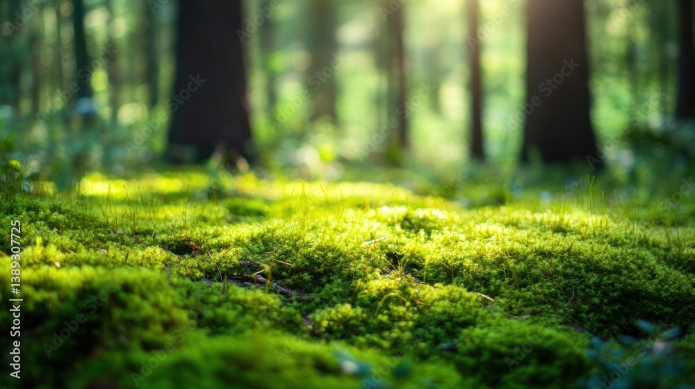 Fototapeta premium Sunlight filters through a forest, illuminating a bed of vibrant moss