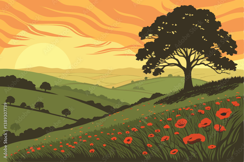 Fototapeta premium 120 Scenic sunset landscape, vibrant orange and yellow sky, silhouetted rolling hills, lone tree on horizon, lush green field with red poppies, dramatic lighting, painterly style, digital illustration