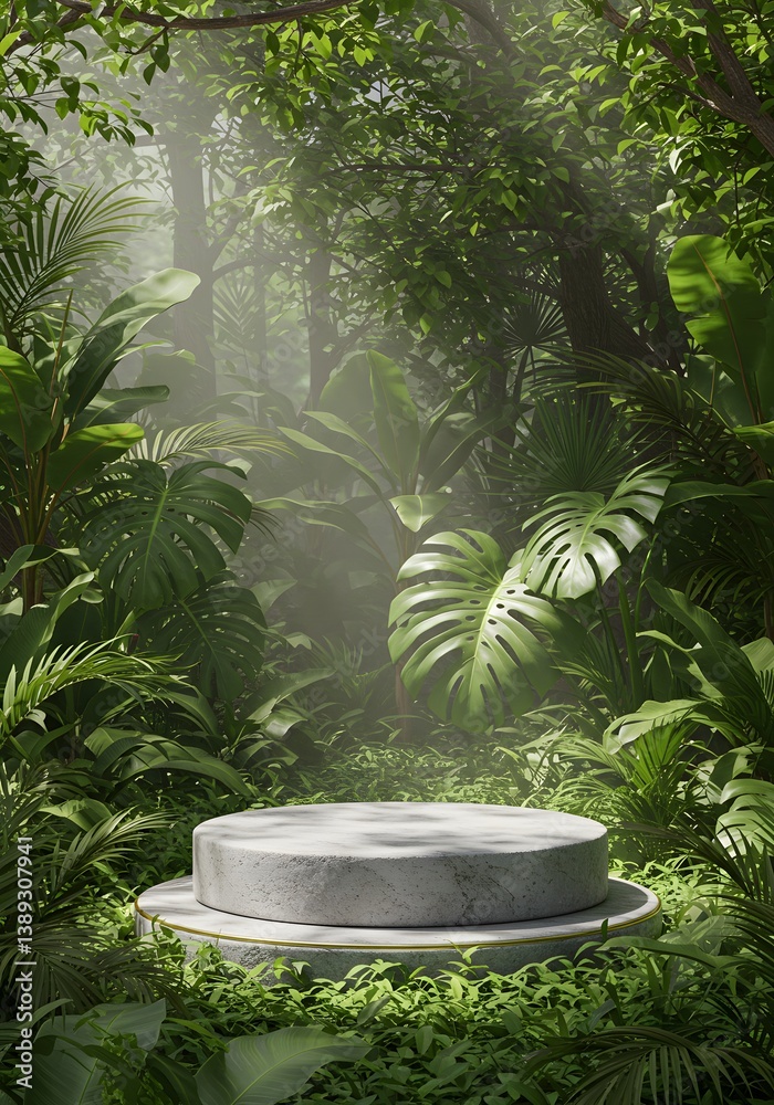 Misty Jungle Display: Circular Marble Pedestal in Lush Tropical Foliage Misty Jungle Display: Circular Marble Pedestal in Lush Tropical Foliage