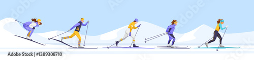 Cross-country skiers in various skiing positions on a snowy landscape, dressed in winter sportswear. Winter sport activity concept. Vector illustration