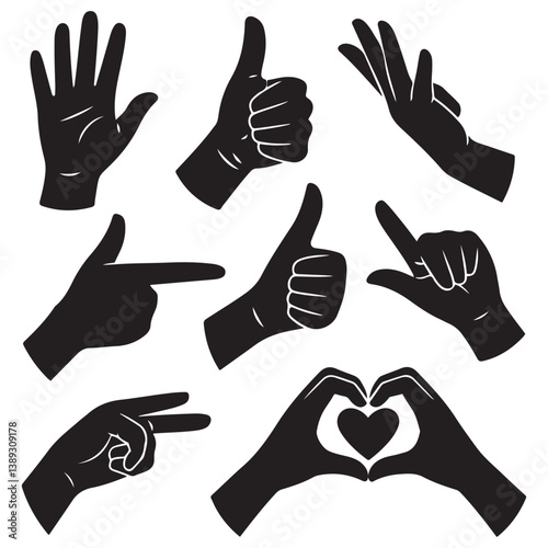Set of various Silhouette Vector Black silhouette woman hands. collection of female hands of different gestures. Trendy minimal style for logos, prints, designs, illustrations. with white background