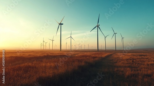 Sunrise over wind turbines.  Golden hour illuminates a field of wind turbines
