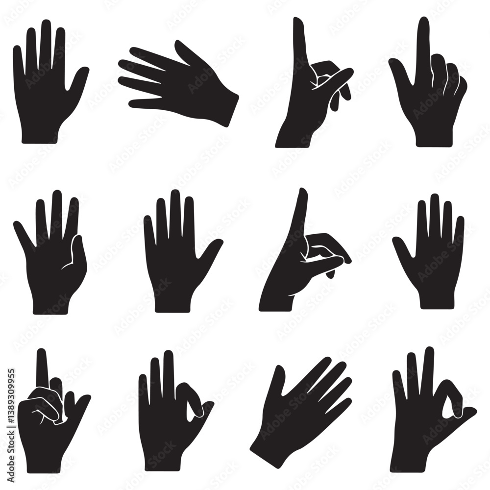 Fototapeta premium Set of various Silhouette Vector Black silhouette woman hands. collection of female hands of different gestures. Trendy minimal style for logos, prints, designs, illustrations. with white background