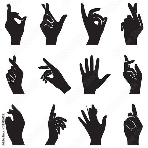 Set of various Silhouette Vector Black silhouette woman hands. collection of female hands of different gestures. Trendy minimal style for logos, prints, designs, illustrations. with white background