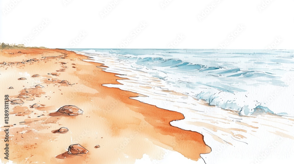 Watercolor Illustration of a Serene Beach with Palm Trees and Ocean Waves