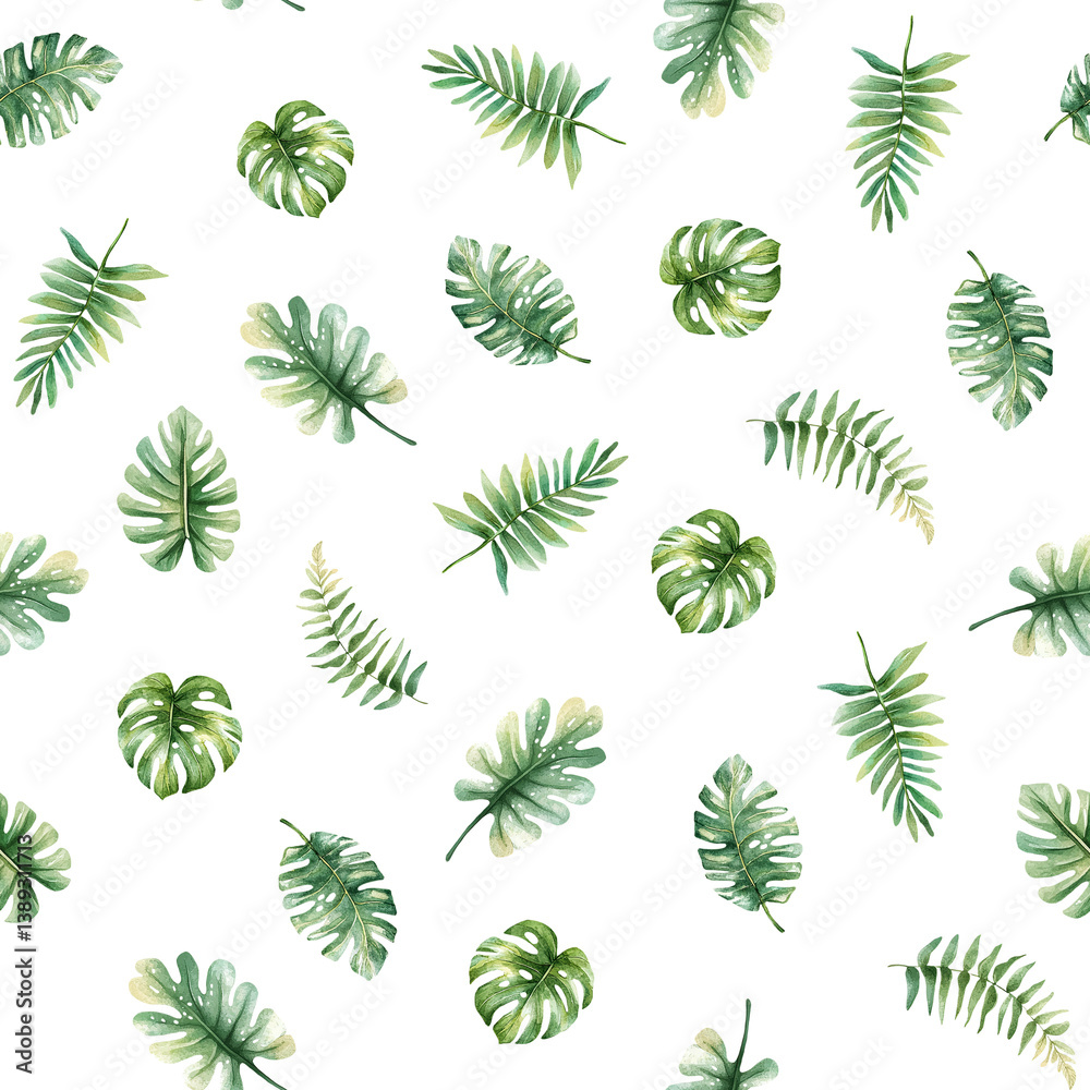 Colorful green leaves in a repeating pattern on a white background for decoration and design use Colorful green leaves in a repeating pattern on a white background for decoration and design use