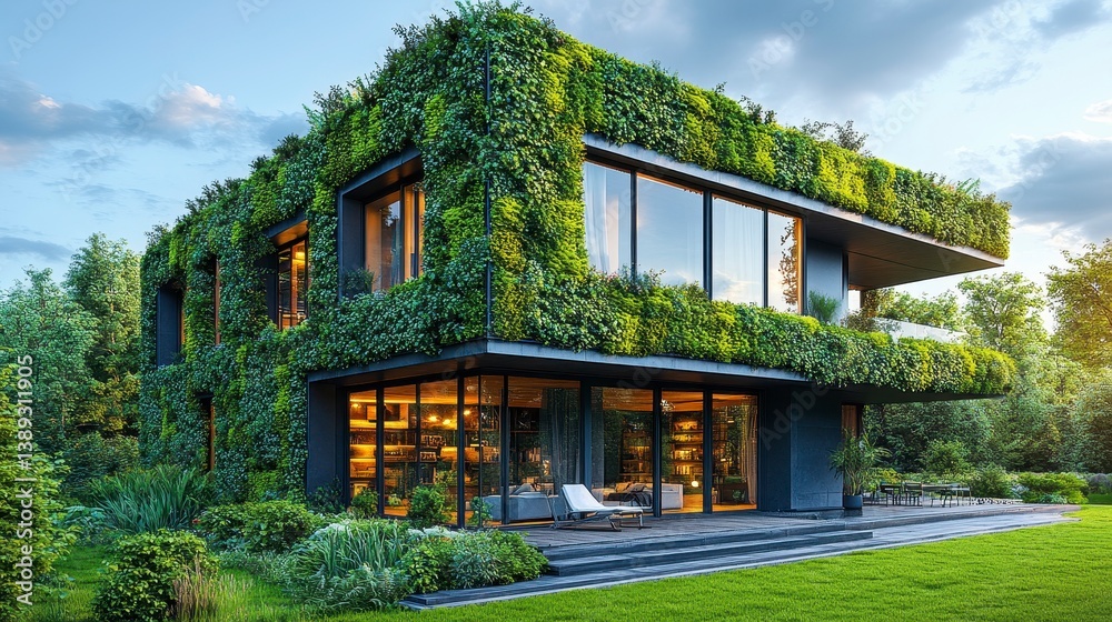 Green-covered modern house with large windows blends into a verdant landscape Green-covered modern house with large windows blends into a verdant landscape
