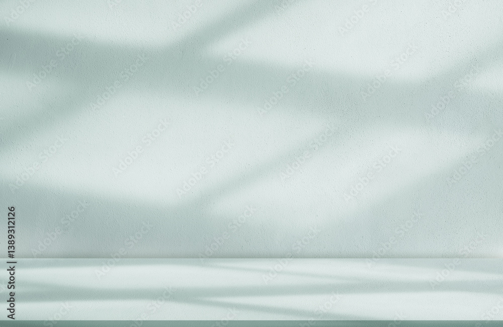 Obraz premium Light Green Background,Light and Shadow on Wall Texture,Studio background with podium for spring product,Summer backdrop light blue concrete wall with shadow from window reflection on cement floor
