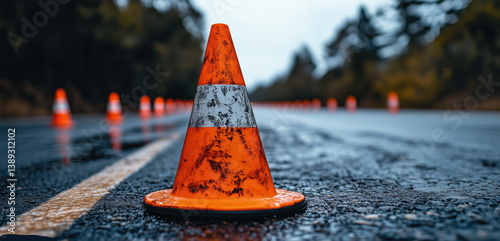 Traffic cone on wet road with car in background