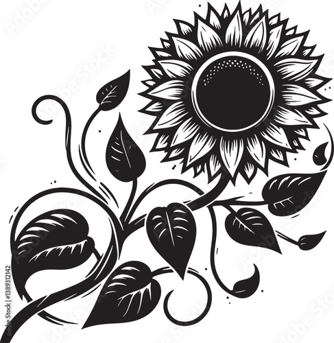 A black and white illustration of a sunflower with leaves and swirling vines on white background