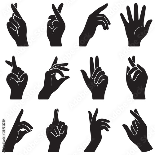Set of various Silhouette Vector Black silhouette woman hands. collection of female hands of different gestures. Trendy minimal style for logos, prints, designs, illustrations. with white background