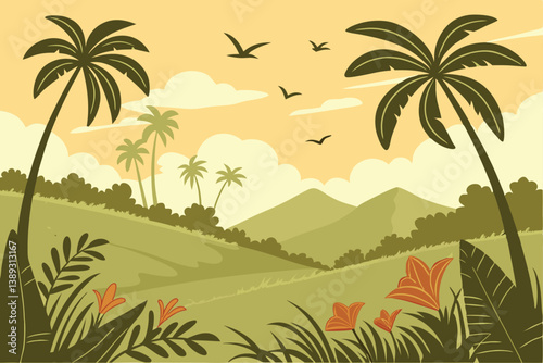 121 Tropical paradise, lush green landscape, palm trees, distant mountains, golden sky, sunset, birds flying, vibrant flora, serene meadow, fluffy clouds, cartoon style, vector art, peaceful scene, ex