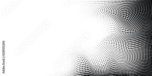 Halftone dotted black abstract background. Technology halfton mesh wave backdrop. Dots grid right side border for business, presentation, big data, brochure.