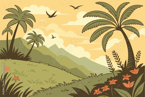 121 Tropical paradise, lush green landscape, palm trees, distant mountains, golden sky, sunset, birds flying, vibrant flora, serene meadow, fluffy clouds, cartoon style, vector art, peaceful scene, ex