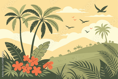 121 Tropical paradise, lush green landscape, palm trees, distant mountains, golden sky, sunset, birds flying, vibrant flora, serene meadow, fluffy clouds, cartoon style, vector art, peaceful scene, ex
