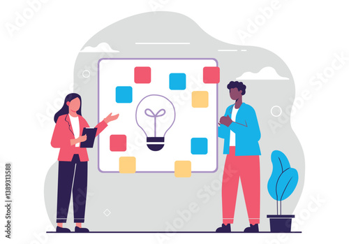  Brainstorming Innovation: A dynamic scene of teamwork and ingenuity unfolds as two figures collaborate around a vibrant board, symbolizing the birth of novel ideas.