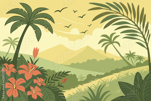 121 Tropical paradise, lush green landscape, palm trees, distant mountains, golden sky, sunset, birds flying, vibrant flora, serene meadow, fluffy clouds, cartoon style, vector art, peaceful scene, ex