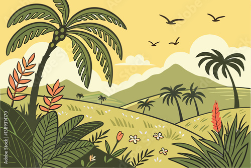 121 Tropical paradise, lush green landscape, palm trees, distant mountains, golden sky, sunset, birds flying, vibrant flora, serene meadow, fluffy clouds, cartoon style, vector art, peaceful scene, ex