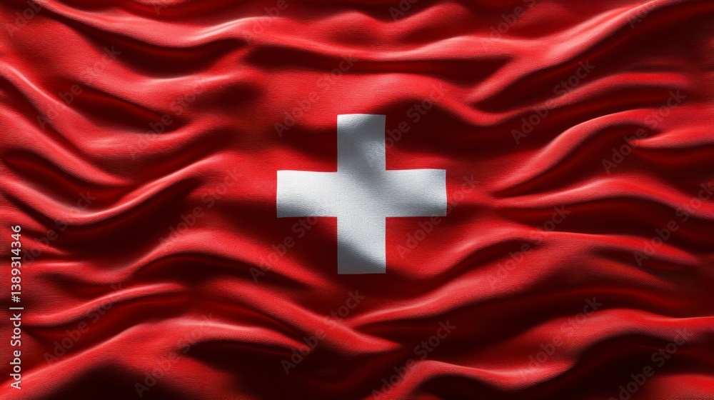 Red flag texture with white cross, rippling in cloth Red flag texture with white cross, rippling in cloth