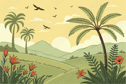 121 Tropical paradise, lush green landscape, palm trees, distant mountains, golden sky, sunset, birds flying, vibrant flora, serene meadow, fluffy clouds, cartoon style, vector art, peaceful scene, ex