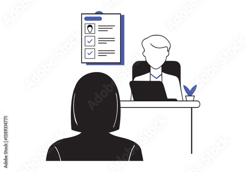 Job Interview: A silhouette figure of the applicant stands opposite the interviewer at the desk, a clipboard with checklist hung on the wall, conveying career aspiration and opportunity. 
