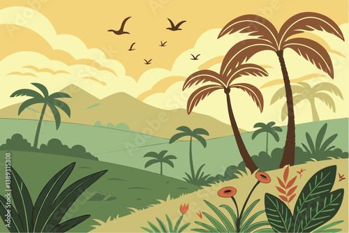 121 Tropical paradise, lush green landscape, palm trees, distant mountains, golden sky, sunset, birds flying, vibrant flora, serene meadow, fluffy clouds, cartoon style, vector art, peaceful scene, ex