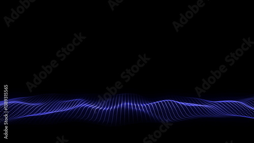Abstract wave with blue light on black background. Science background with moving dots. Network connection technology. Digital structure with particles. 3d rendering.