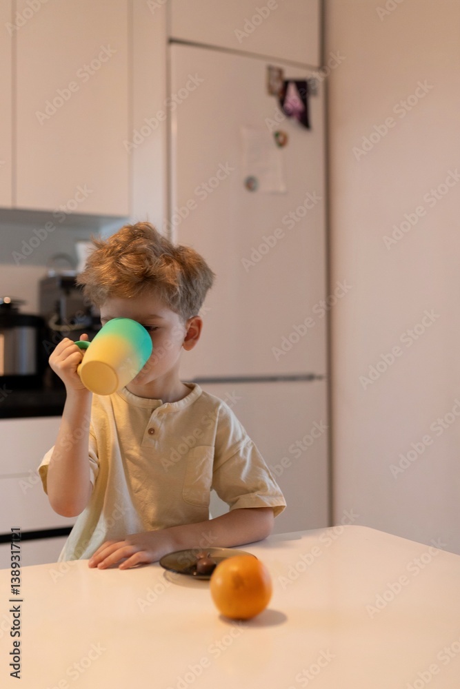 Young boy enjoying a warm drink at a kitchen table in the morning with a fresh orange nearby