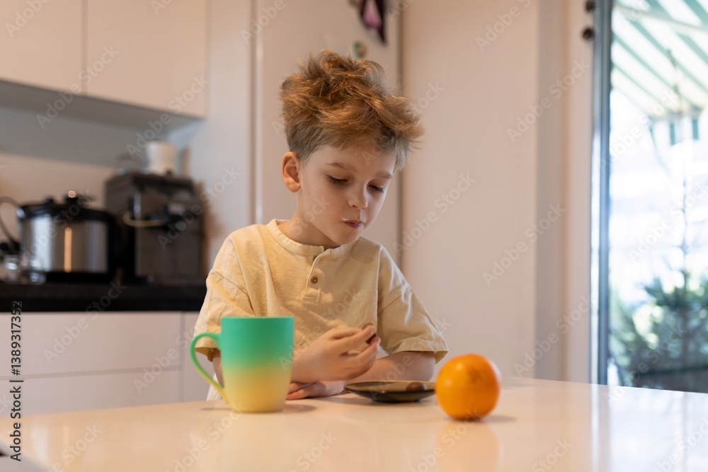 Child enjoying breakfast with orange and beverage while using a tablet in a modern kitchen setting